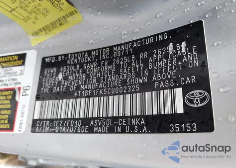 2012 Toyota Camry Le из США, поврежденный, VIN 4T1BF1FK5CU002325